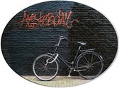 Dibond Ovaal - Fiets geparkeerd tegen Muur met Tekst ''Amsterdam'' - 40x30 cm Foto op Ovaal (Met Ophangsysteem)