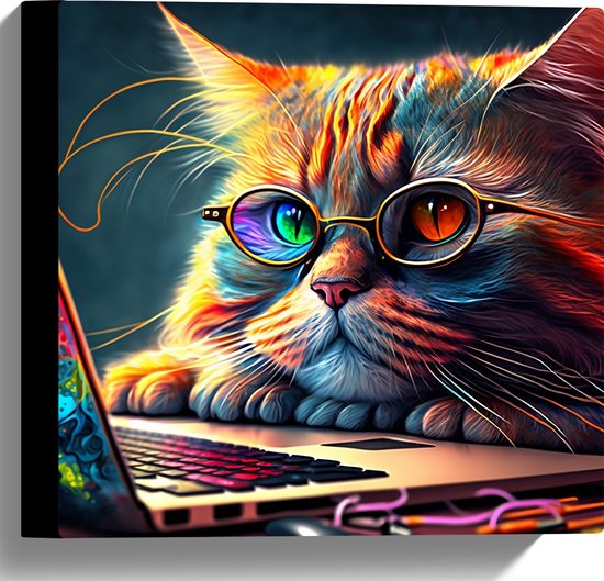 Canvas - Kleurrijke Snuggere Kat met Bril achter Laptop - 30x30 cm Foto op Canvas Schilderij (Wanddecoratie op Canvas)