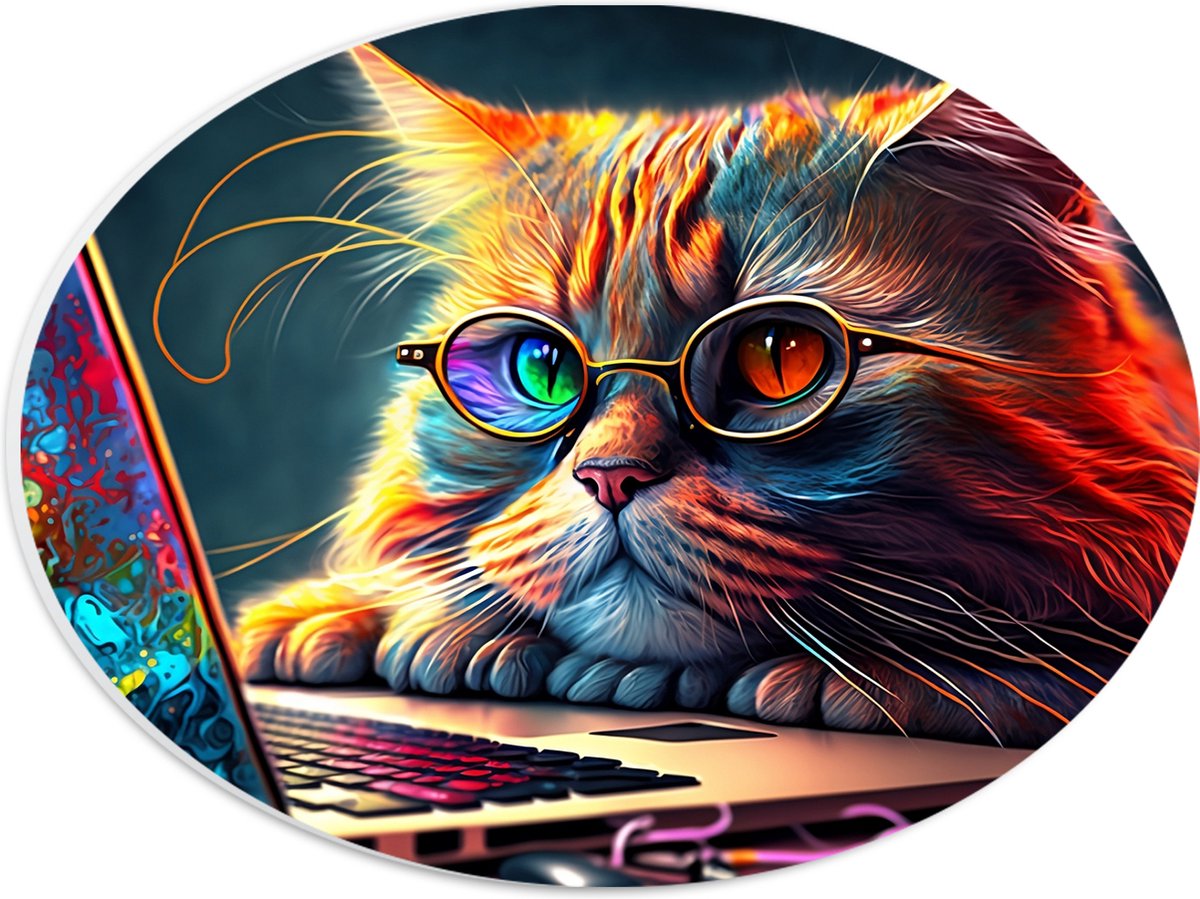 PVC Schuimplaat Ovaal - Kleurrijke Snuggere Kat met Bril achter Laptop - 28x21 cm Foto op Ovaal (Met Ophangsysteem)