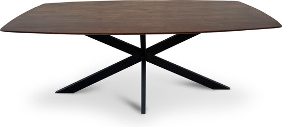 Floor tafel met gecurved Mango houten blad van 300 x 110 cm met facetrand aan onderzijde. Bladkleur bruin gezandstraald. Onderstel is een spinpoot in de kleur zwart.