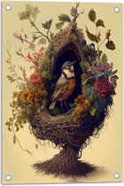 Tuinposter – Koolmees Vogel in het Nest Versierd met Bloemen - 40x60 cm Foto op Tuinposter (wanddecoratie voor buiten en binnen)