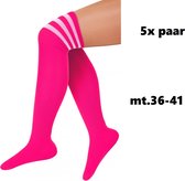 5x Paar Lange sokken fluor roze met witte strepen - maat 36-41 - Lieskousen - kniekousen overknee kousen sportsokken cheerleader carnaval voetbal hockey unisex festival
