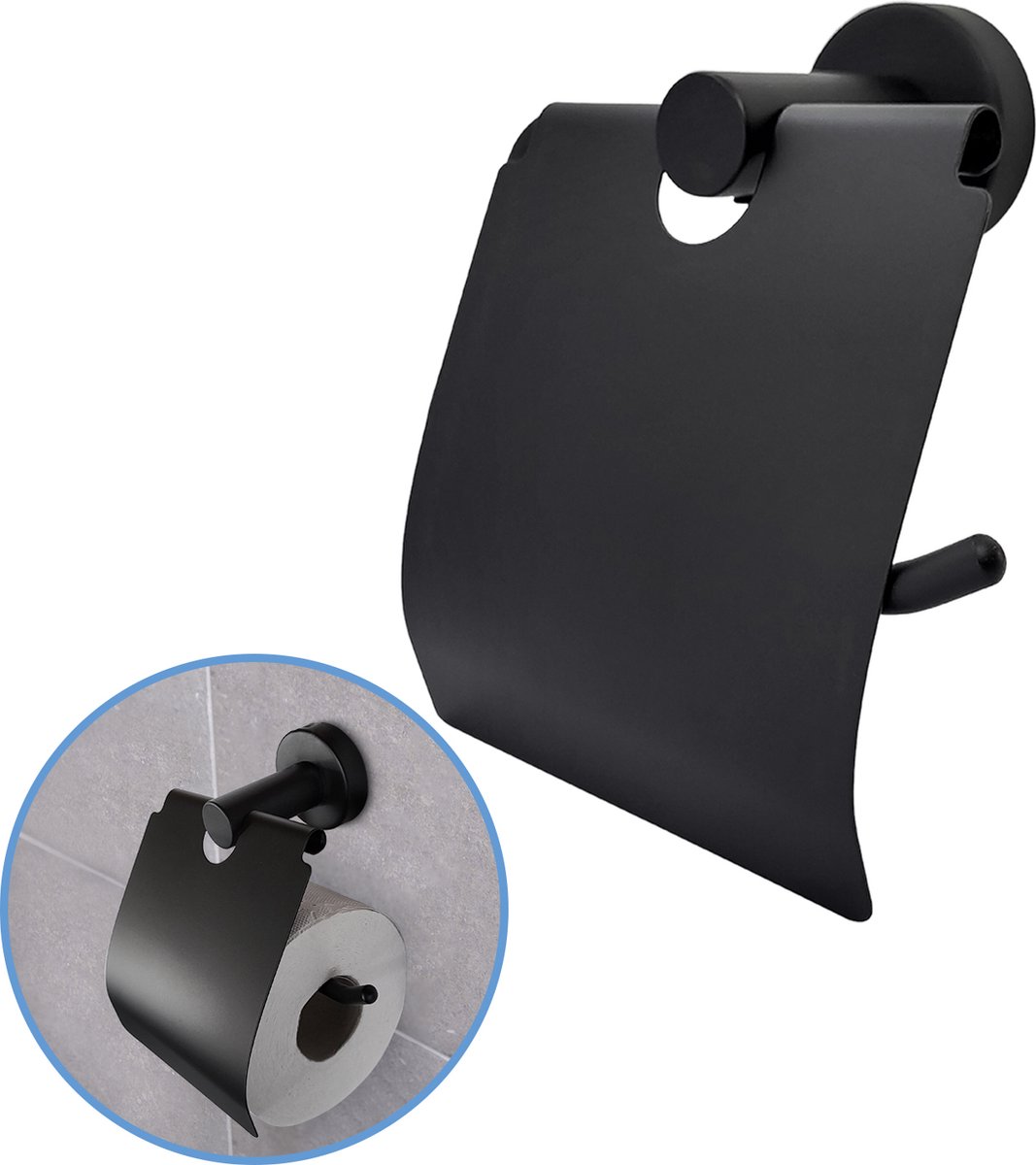 Sanics Orca Toiletrolhouder Zwart met Klep - WC Rolhouder RVS Inclusief Montage set - WC Papier Houder - Closetrolhouder