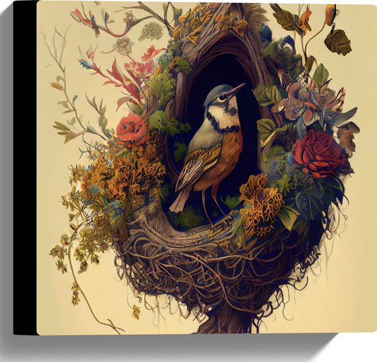 Canvas - Koolmees Vogel in het Nest Versierd met Bloemen - 30x30 cm Foto op Canvas Schilderij (Wanddecoratie op Canvas)