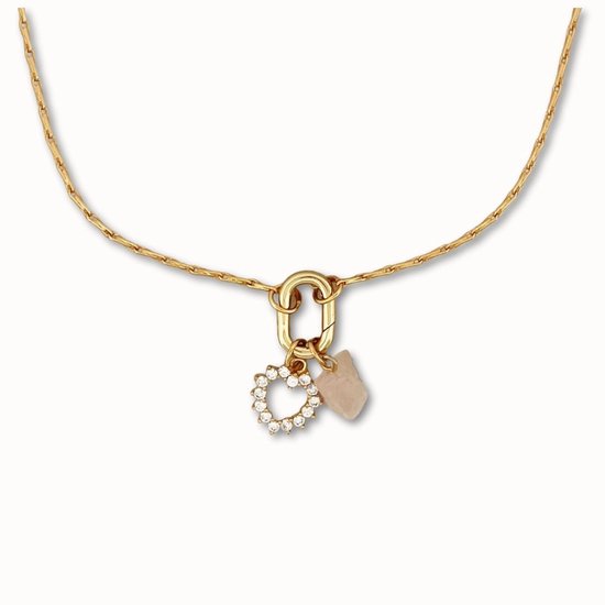 ByNouck Jewelry - Ketting Heart Of Quartz - Sieraden - Vrouwen Ketting - Verguld - Roze - Liefde - Halsketting