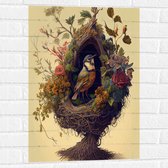 Muursticker - Koolmees Vogel in het Nest Versierd met Bloemen - 50x75 cm Foto op Muursticker