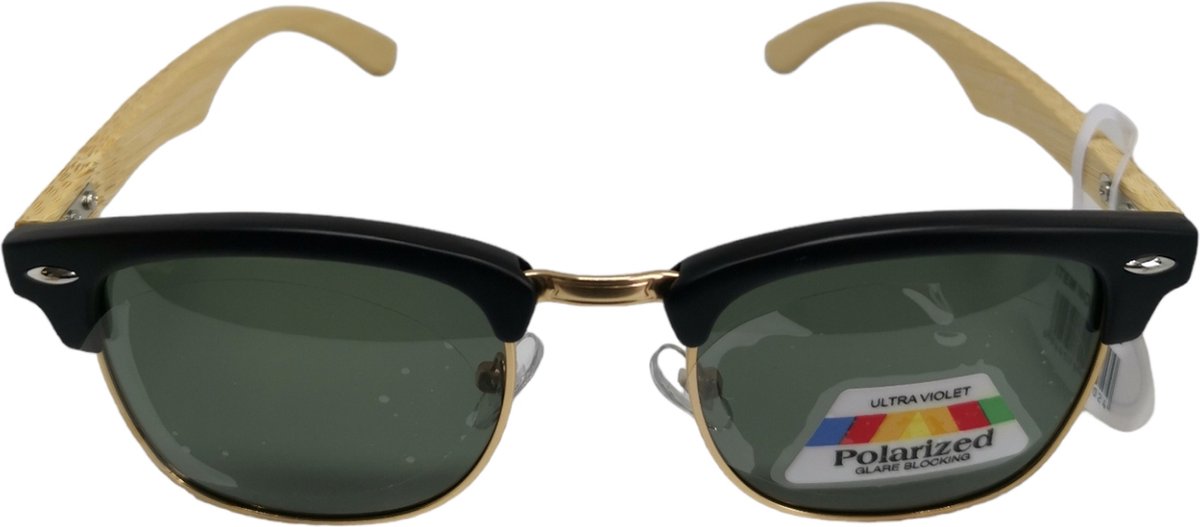 Gepolariseerde Zonnebril met Bamboe pootjes - Matzwart/Licht goud- gepolariseerd G15 - Unisex - Sunglasses - Randloos - Ovaal zonnebril stijl - Kost