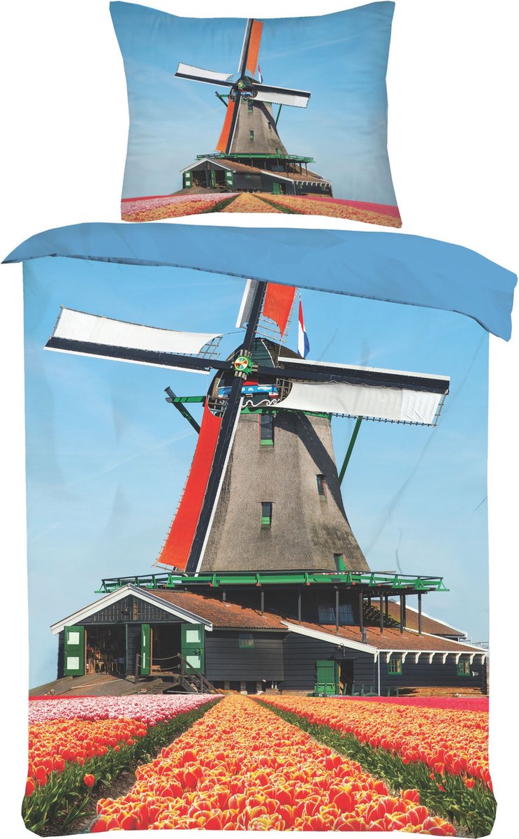 Eenpersoons dekbedovertrek set windmolen Nederlands landschap Ultra soft microPercal dekbedhoes 140x220 cm + 1 kussensloop 60x70 cm-Multi