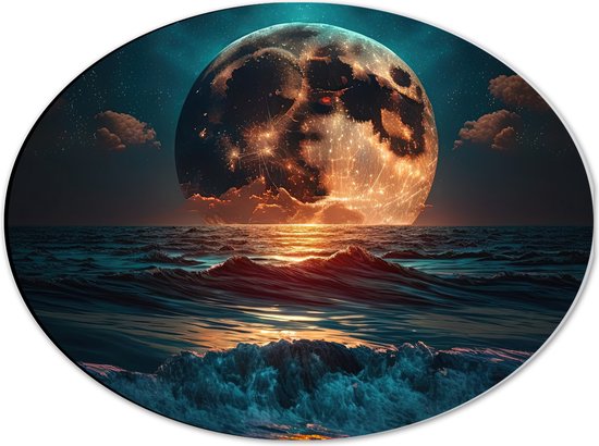 Dibond Ovaal - Heldere Maan Dobberend op het Wateroppervlak - 40x30 cm Foto op Ovaal (Met Ophangsysteem)