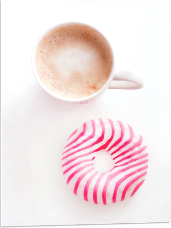 PVC Schuimplaat - Wit met Roze Gestreepte Donut naast Bak Koffie - 60x80 cm Foto op PVC Schuimplaat (Met Ophangsysteem)