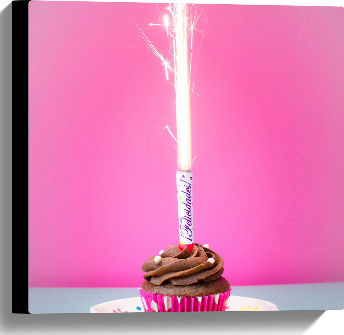 Canvas - Verjaardagscupcake met Chocolade Topping en Fontein - 40x40 cm Foto op Canvas Sch