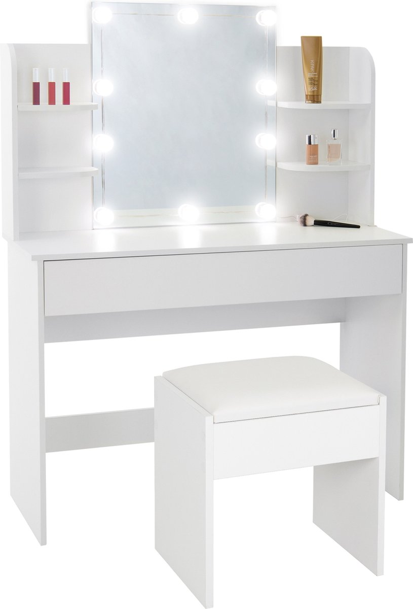 ECD Germany Kaptafel met gecapitonneerd krukje, cosmeticatafel met spiegel, LED-verlichting, 1 lade en 4 vakken, 108x40x140 cm Wit MDF-hout, modern, kaptafel Kaptafel