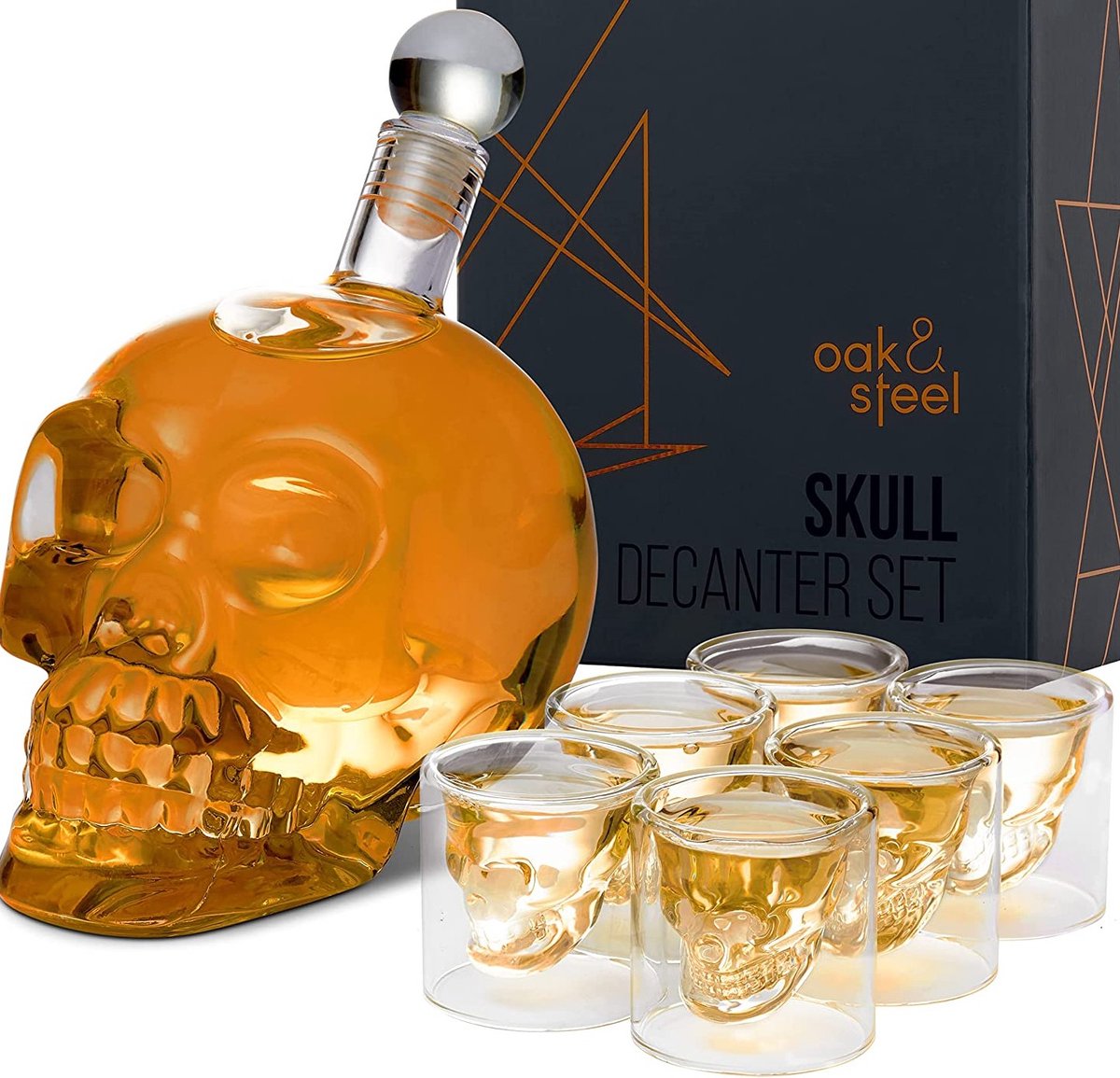 Oak & Steel – karaf doodskop schedel (700 ml), 6 whiskyglazen (75 ml) – tafeldecoratie, origineel cadeau voor Valentijnsdag, Vaderdag en verjaardag voor heren