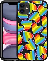 Cazy Hoesje Zwart geschikt voor iPhone 11 Regenboog Hartjes