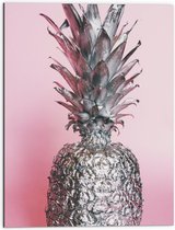 Dibond - Zilveren Ananas met Roze Achtergrond - 60x80 cm Foto op Aluminium (Met Ophangsysteem)