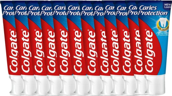 Dix tubes de dentifrice Colgate, marque rouge et blanche sur fond bleu. "Colgate" en lettres blanches sur bande rouge.