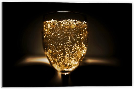 Dibond - Vol Wijnglas Gevuld met Bubbels - 60x40 cm Foto op Aluminium (Met Ophangsysteem)