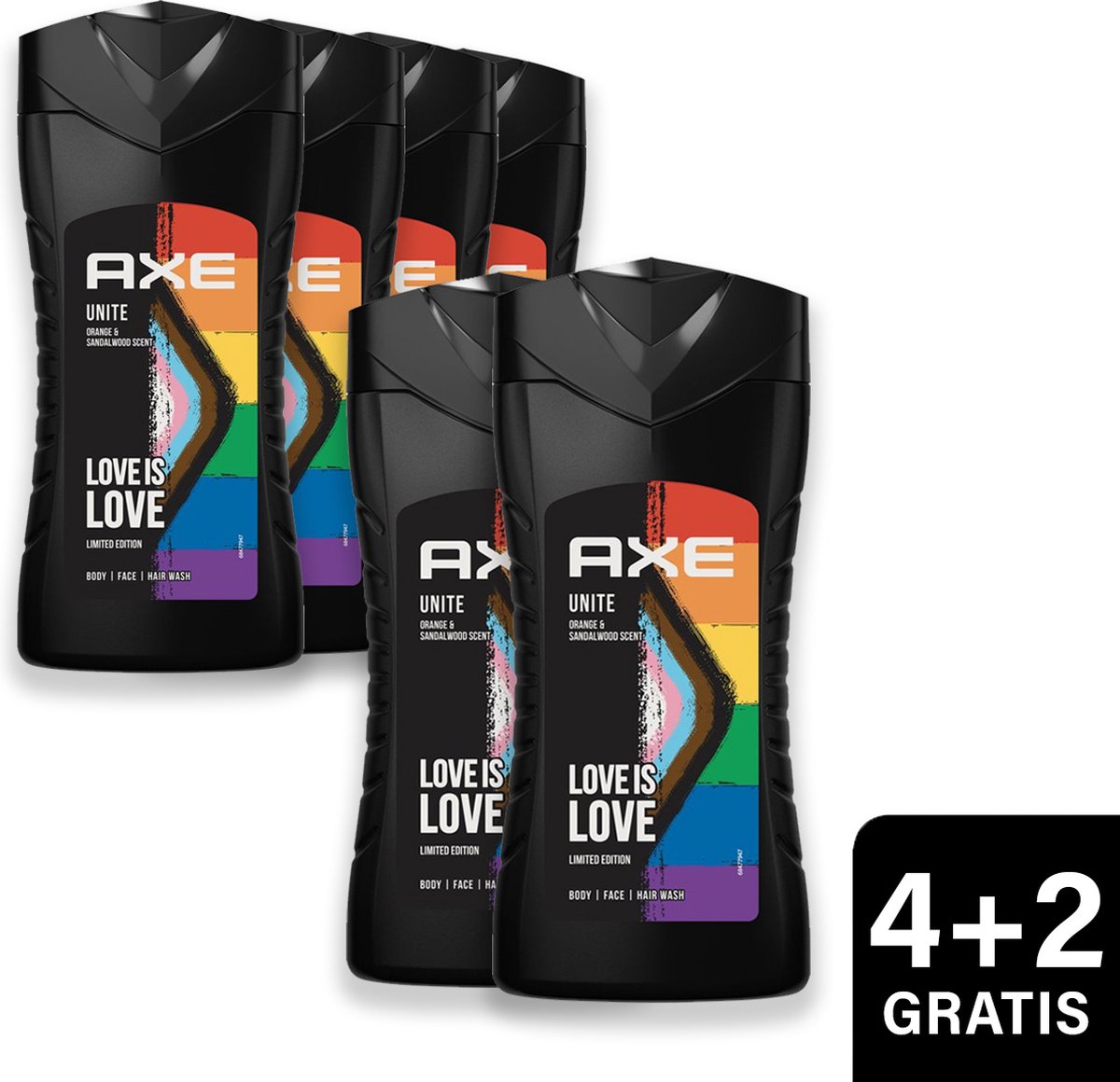 Axe 3in1 Douchegel, Facewash & Shampoo Unite 4 x 250 ml + 2