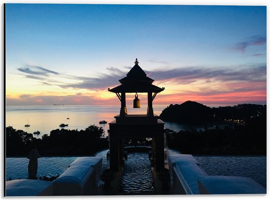 Dibond - Klokkentoren met Zonsondergang - 40x30 cm Foto op Aluminium (Wanddecoratie van metaal)