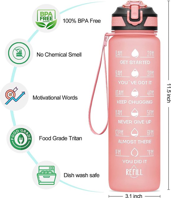 Gourde Sport 1L Rose Avec Paille Et Poignée – BPA Free – Marqueur De Motivation Inclus