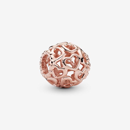 Roségouden opengewerkte bedel met een patroon van hartjes.