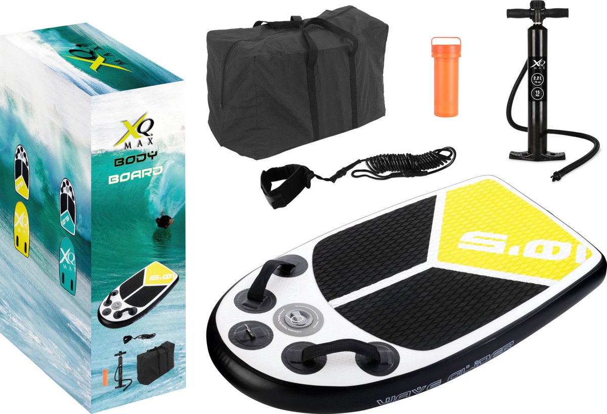 XQMax Bodyboard - Yellow Edition - 105x60x10 cm - Inclusief Pomp en Reparatieset - Opblaasbaar - Bodyboard Kids - Bodyboard Volwassenen