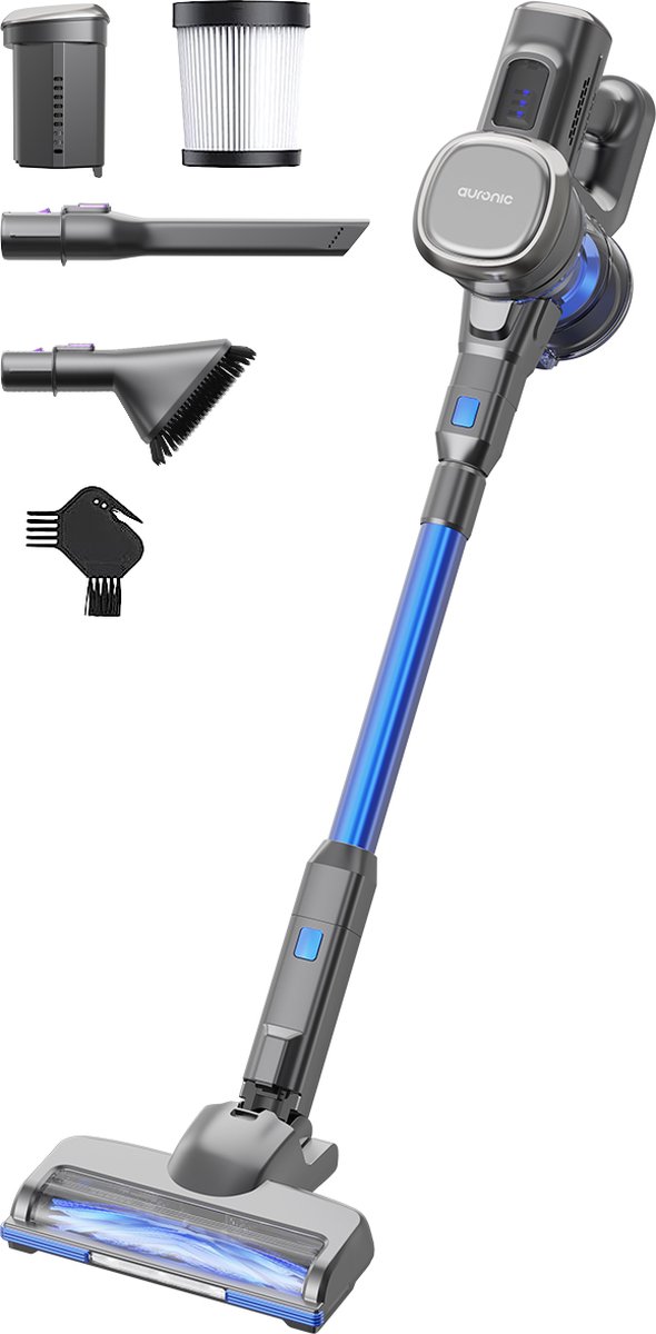 Auronic Steelstofzuiger - Zelfstaande Draadloze Steelstofzuiger - Zonder Zak - 220W - Vacuum Cleaner - Grijs/Blauw