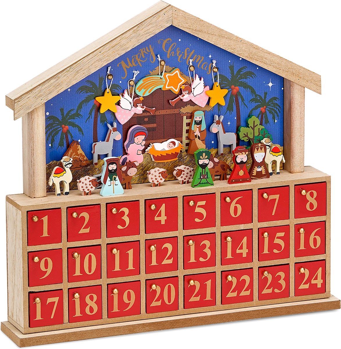 BRUBAKER Herbruikbare Houten Adventskalender- 24 Vakjes om zelf te vullen met kleine Cadeautjes - Bethlehem - Doe-het-zelf-kalender 34,5 x 32 x 6 cm