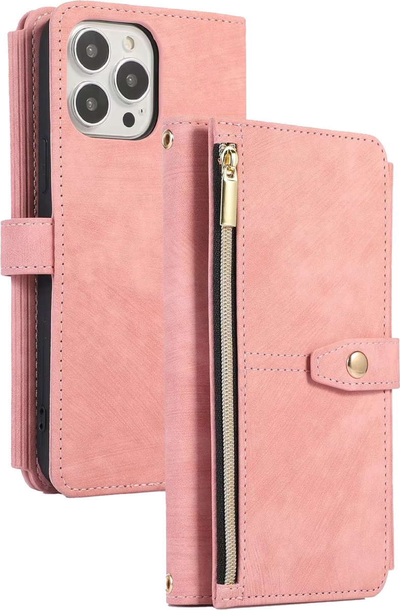 Hoesje geschikt voor iPhone 13 - Bookcase - Koord - Pasjeshouder - Portemonnee - Kunstleer - Roze