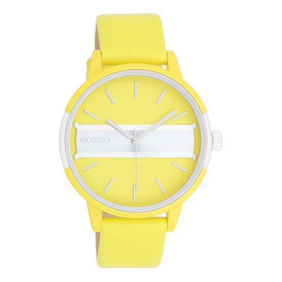 OOZOO Timepieces - Neon geel/goudkleurige OOZOO horloge met neon gele leren band - C11191