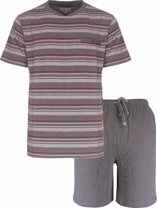 Paul Hopkins Heren Shortama - Pyjama Set - Gestreept - 100% Katoen - Grijs - Maat XXL