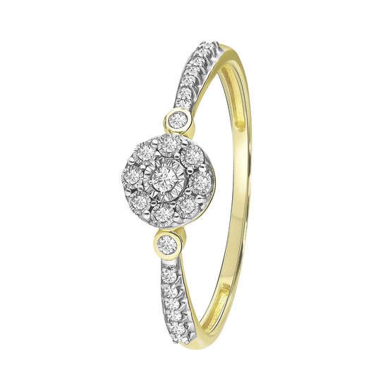 Lucardi Dames 14K geelgouden entourage ring 23 diamanten 0,10ct - Ring - 14 Karaat Goud - Geelgoud - 15 / 47 mm