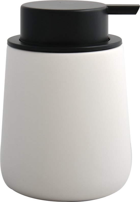 Witte keramische zeepdispenser met zwarte pomp, 8,5 x 12 cm, 300 ml.