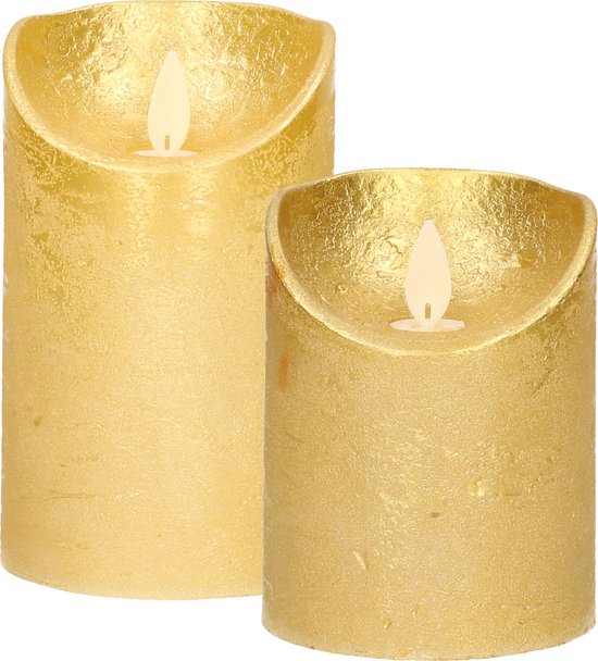 LED kaarsen/stompkaarsen - set 2x - goud - H10 en H12,5 cm - bewegende vlam