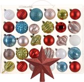 Kerstballen 30x st - gekleurd - 6 cm - met ster piek rood - kunststof