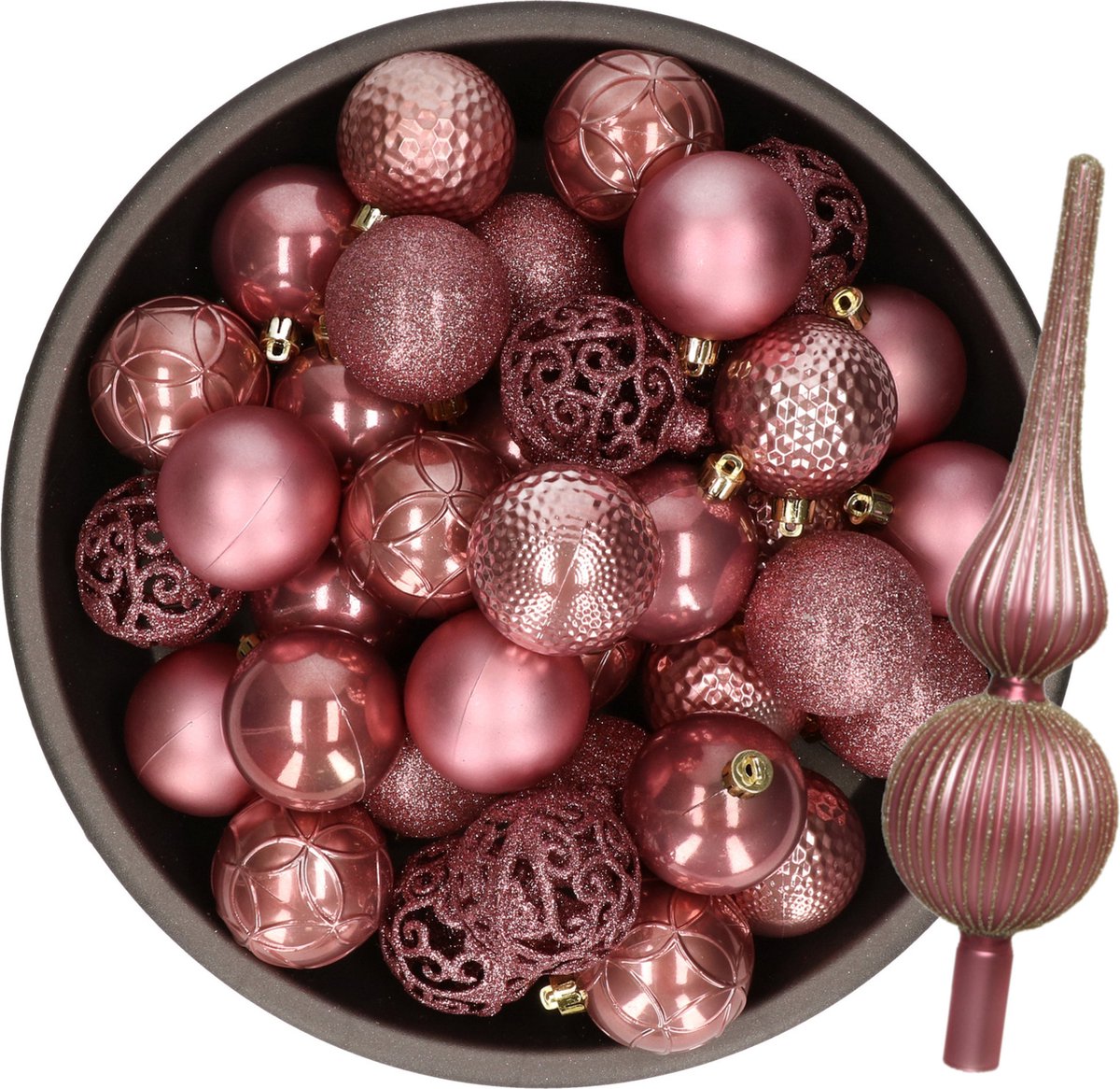 Kerstversiering set met 38-delige oudroze kunststof kerstballen en glazen piek.
