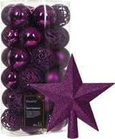 Set de Décorations de Noël - 37x x boules et pic étoile - violet - plastique