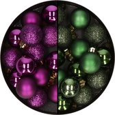 Decoris kleine kerstballen - 28x st - donkergroen en paars - 3 cm - kunststof
