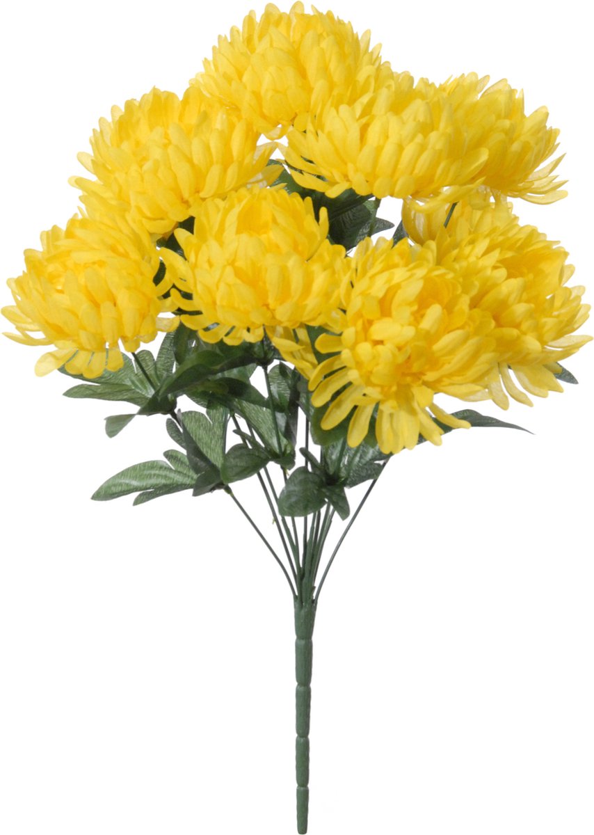 Louis Maes Kunstbloemen boeket crysanten met bladgroen - geel - H45 cm - Sierbloemen