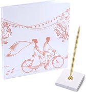 Gastenboek/receptieboek met luxe pen in houder - Bruiloft - goud/roze - 24 x 24 cm