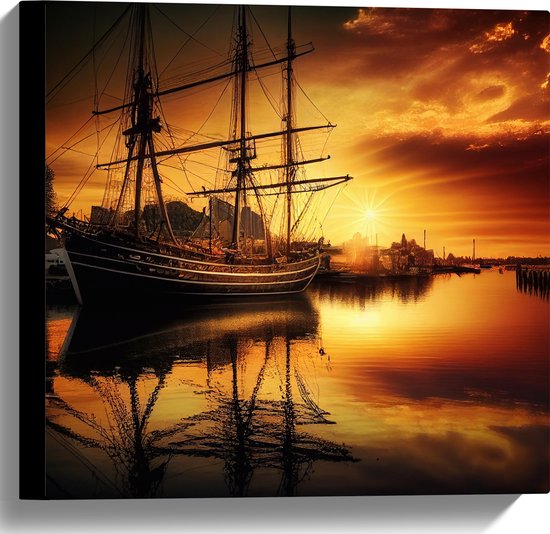 Canvas - Zonnestralen van Zonsondergang op Zeilschip op het Water - 40x40 cm Foto op Canvas Schilderij (Wanddecoratie op Canvas)