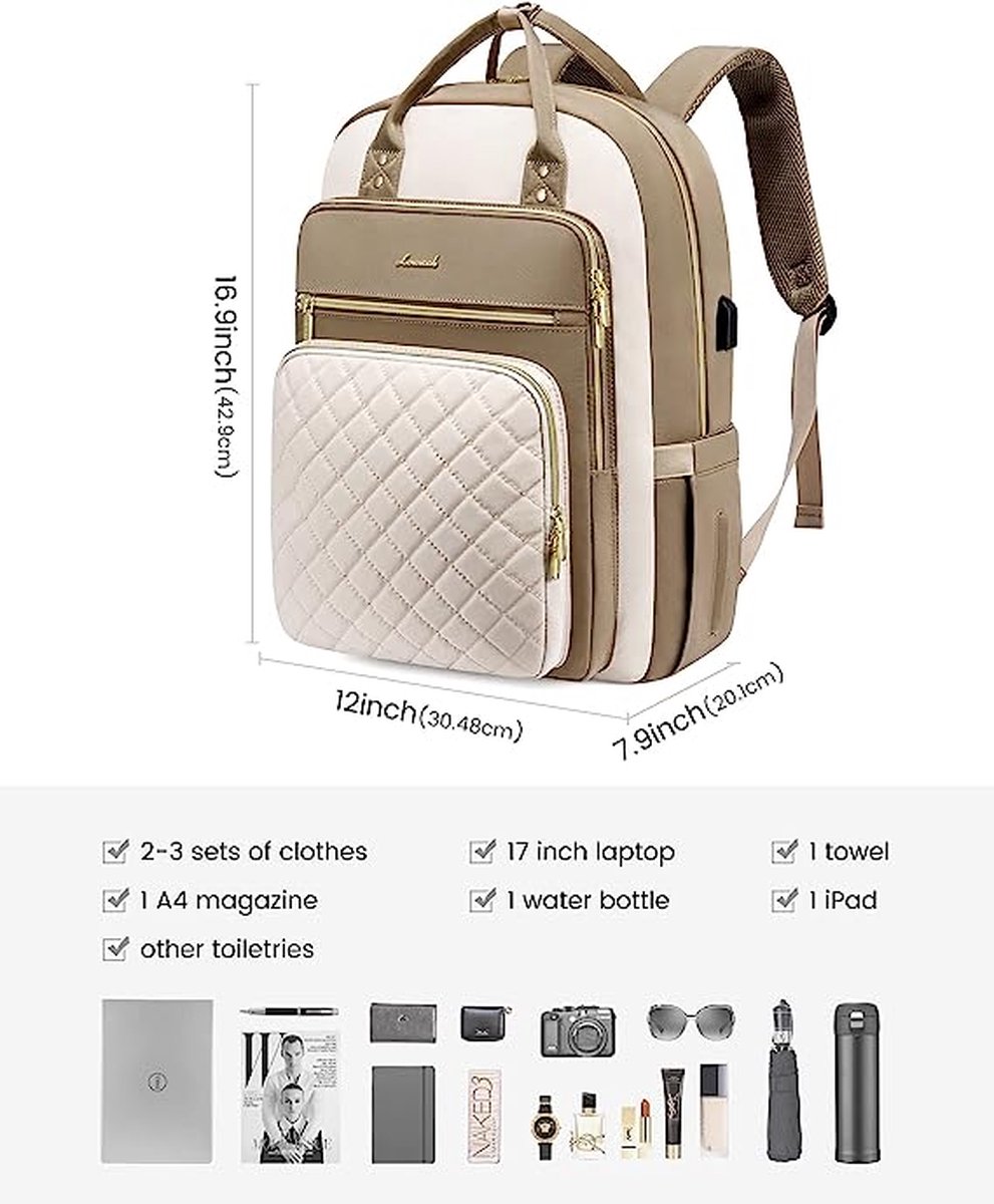 Shrrie Laptop Rugzak voor Vrouwen 15.6 inch Reizen Lederen Rugzak Portemonnee Werk Computer Rugzakken voor Business College, Zwart met bruin en wit, 12 inches x 6.5 inches x 16 inches