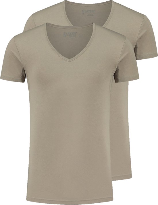 Slater 8940 - Tencel 2-pack T-shirt diepe V-hals korte mouw invisible khaki