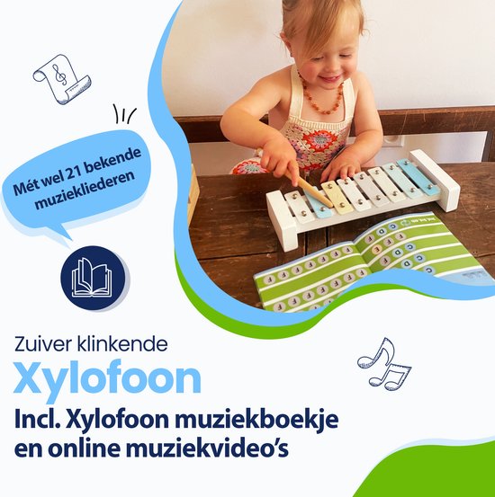 Jolie fille joue du xylophone, avec un livre de musique. Texte 'Avec 21 chansons célèbres'.