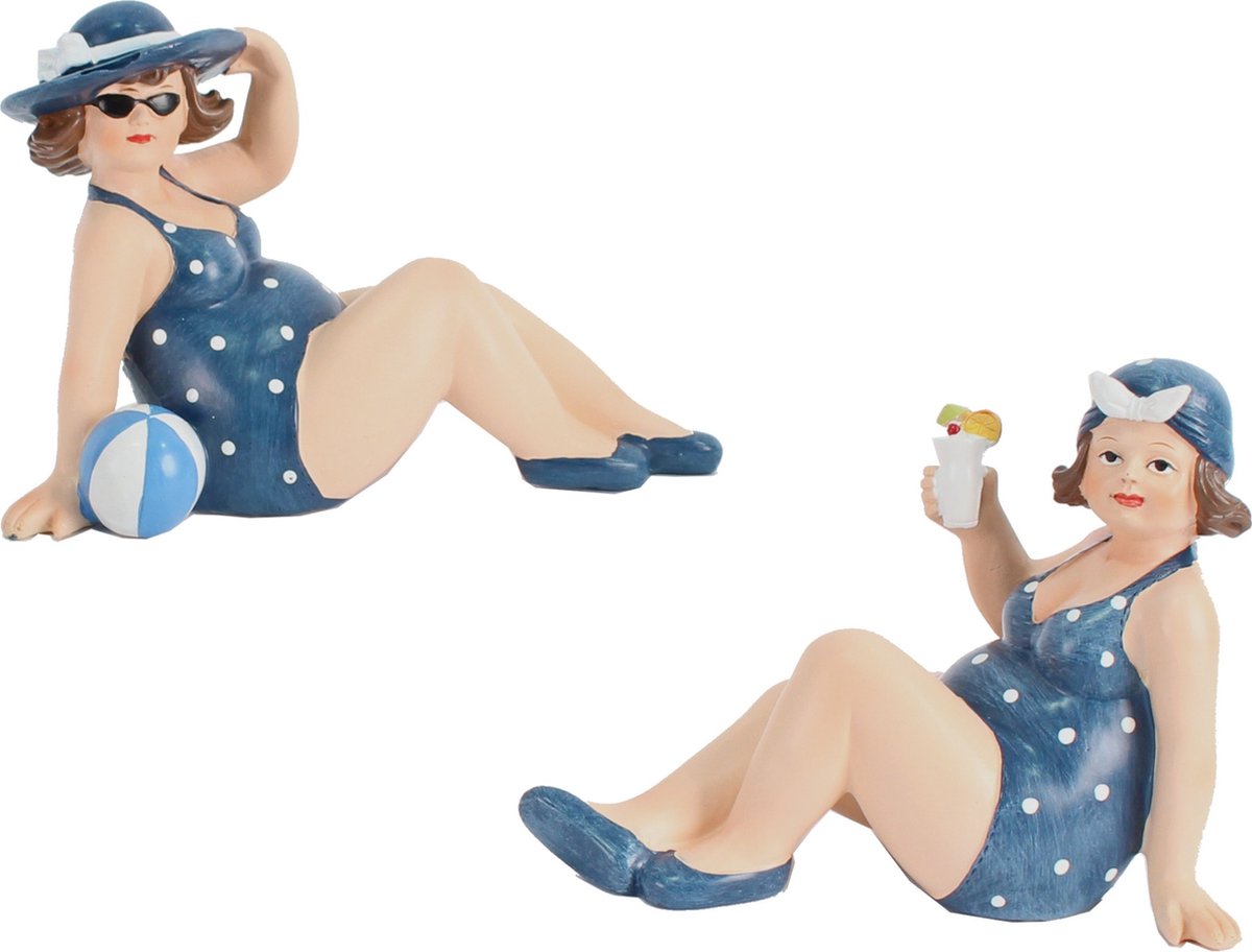 Woonkamer decoratie beeldjes set van 2 dikke dames - donkerblauw badpak - 17 cm