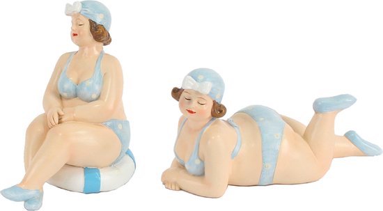 Woonkamer decoratie beeldjes set van 2 dikke dames - blauw badpak - 11 cm