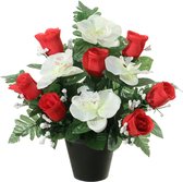 Louis Maes Kunstbloemen plantje in pot - wit/rood - 28 cm - Bloemstuk ornament - rood/bladgroen