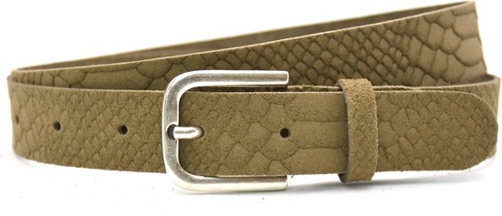 Lichtbruine, suède riem met slangenprint, zilverkleurige gesp en zilverkleurige drukknop.