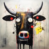 JJ-Art (Aluminium) 60x60 | Koe, stier, abstract modern surrealisme in Joan Miro stijl, felle kleuren, kunst | vierkant, dier, Spanje, rood, geel, zwart, blauw, grijs, modern | foto-schilderij op dibond, metaal wanddecoratie