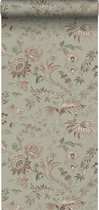 Papier peint ESTAhome fleurs vintage vert menthe grisé et rose tendre - 139297 - 53 cm x 9,54 m